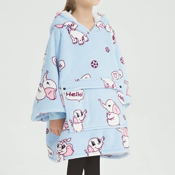 KFUBUO Wearable Blanket Hoodie for Kids Sherpa Patterns Oversized Sweatshirt Blanket With Pocket 6-10 Year Old Girl Boy Birthday Gifts Elephant