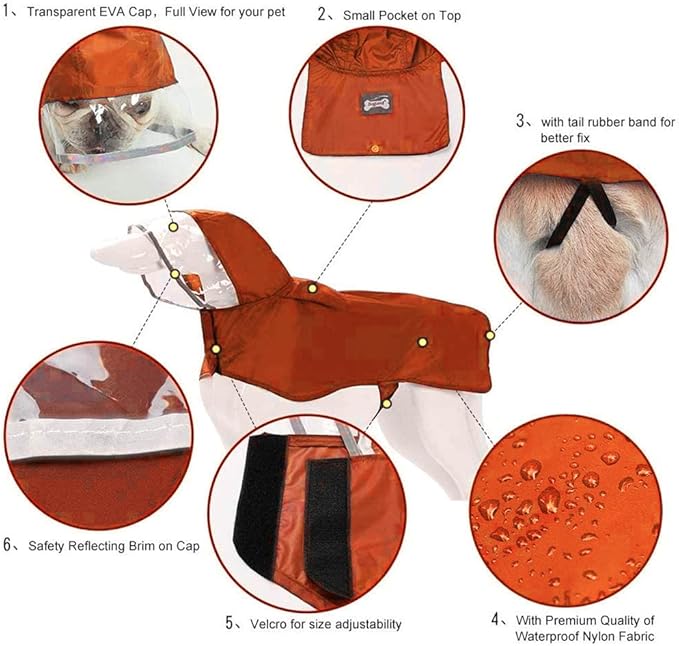 Pet Raincoat Packable Hooded Dog Rain Jacket Reflective Strips Lightweight Adjustable Poncho for Small Medium Large Dogs Orange M