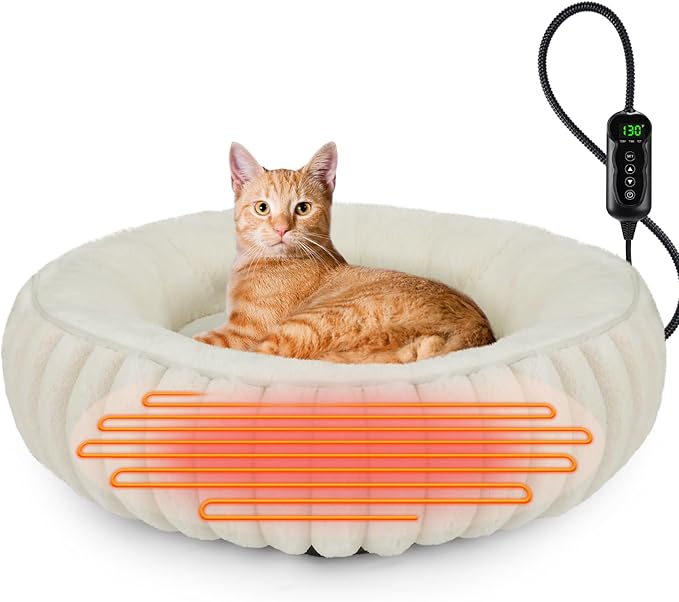 INVENHO Heated Cat Beds for Indoor Cats and Small Dogs, 20" Cozy Donut Heated Pet Bed with Timer & Temp Adjustable, Removable Waterproof Electric Warming Bed for Indoor Cat