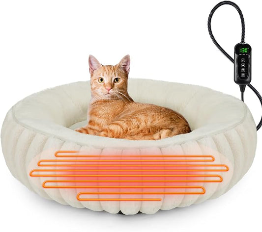 INVENHO Heated Cat Beds for Indoor Cats and Small Dogs, 20" Cozy Donut Heated Pet Bed with Timer & Temp Adjustable, Removable Waterproof Electric Warming Bed for Indoor Cat