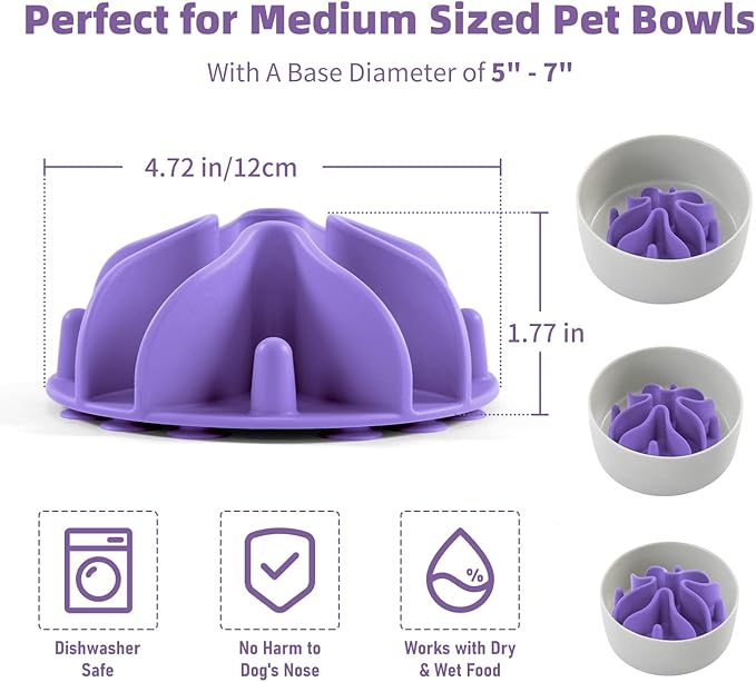 Jaoul Slow Feeder Dog Bowls Insert, Puzzle Slow Feeder Insert with 30 Octopus Suction Cups for Small Medium Large Size Dog Food Bowl (4.72 inch, Purple)