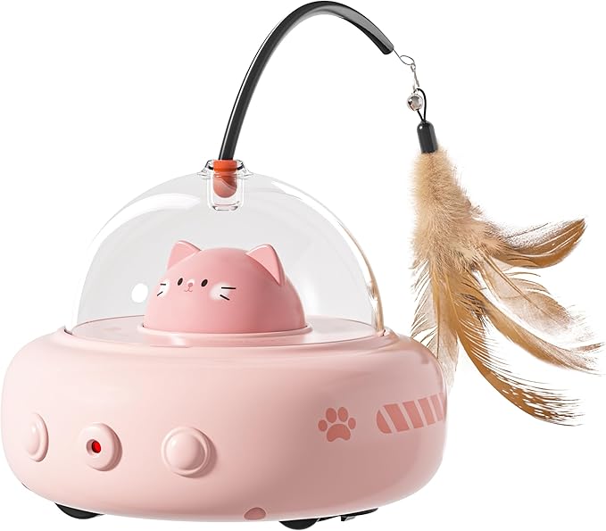 hooroor Laser Cat Toy for Indoor Cats,2 in 1 UFO-Vehicle Automatic Motion with Feather,Rechargeable Electronic Smart Sensor,Interactive Toys for Bored Cats/Kittens/Dogs,Ideal Gift (Pink Updated)