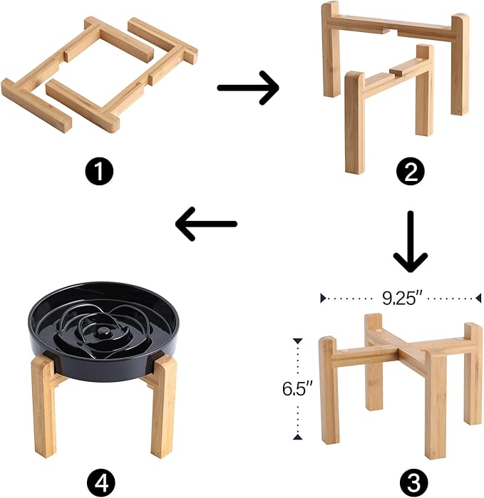 Black Elevated/Raised Dog Bowl Ceramic Slow Feeder with Wood Stand for Small Medium Large Dogs, 8.66 in Dog Dish to Slow Down Eating,Modern Heavy Slow Puppy Bowl for Fast Eaters