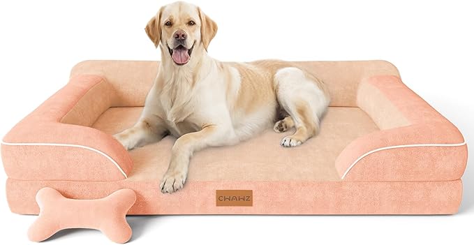 Jumbo Dog Bed for Extra Large Dogs, Orthopedic Dog Bed with Cooling Gel Memory Foam, Waterproof Pet Bed with Removable Washable Cover, 45" Pet Sofa Couch Dutch Velvet with Bone Toy, Peach Pink