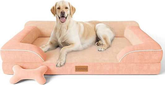 Jumbo Dog Bed for Extra Large Dogs, Orthopedic Dog Bed with Cooling Gel Memory Foam, Waterproof Pet Bed with Removable Washable Cover, 45" Pet Sofa Couch Dutch Velvet with Bone Toy, Peach Pink