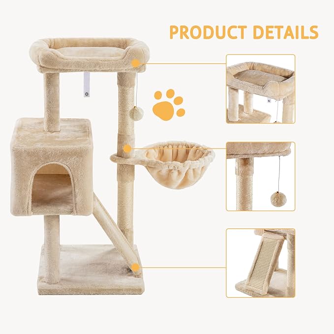 SHA CERLIN Cat Tree 36 Inches Cat Tower with Hammock, Sisal Scratching Post for Indoor Kittens, Small Room, Beige