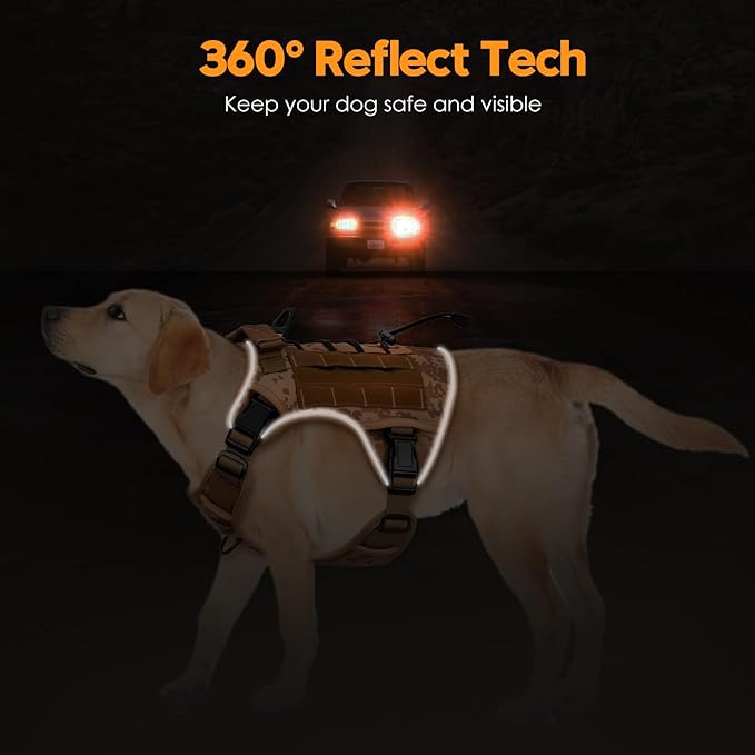 Heavy-Duty Tactical Dog Harness for Large Dogs, No Pull Adjustable Reflective Pet Vest with Molle System, K9 Military-Grade Control for Service Training, Outdoor & 10+ Breeds, Khaki Camo, Large