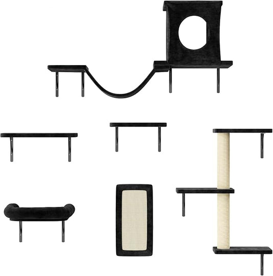 NUNU LAB Cat Wall Shelves, 6 Pcs Luxury Wall-Mounted Cat Climber Set, Indoor Cat Furniture with 1 Condos House, 2 Cat Wall Shelves, 1 Scratching, 1 Bridge Ladder, 1 Scratching Pad, Black