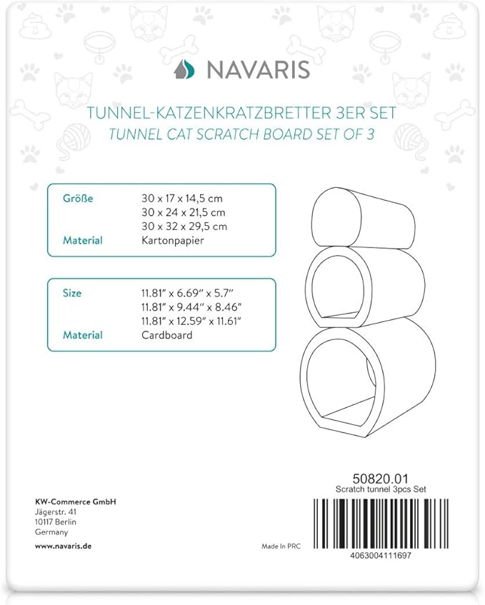 Navaris Cat Tunnel Scratcher Set (3-Pieces) - Corrugated Cardboard Paper Scratching Board Tubes and Roll Toy for Cats - Scratch, Lounge, Hide and Play