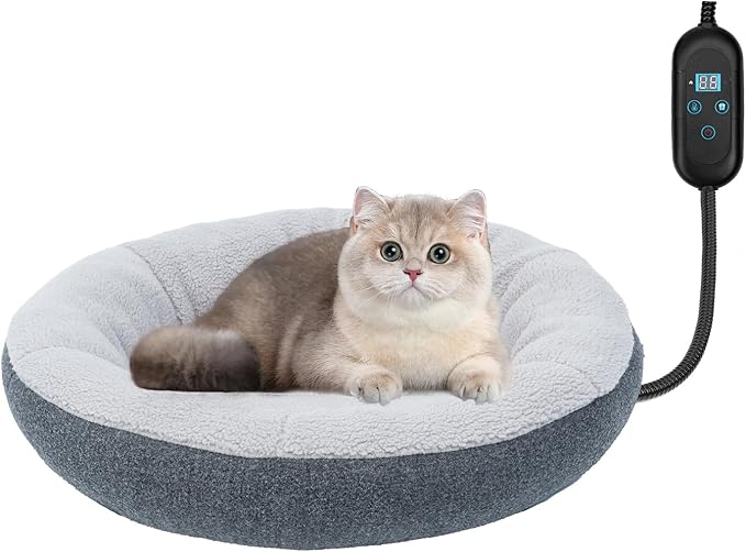 CATISM Heated Cat Bed Indoor - Self Warming Cats Beds, Heating Cat Beds for Indoor Kitten or Small Animals, Cozy Donut Heated Kitty Cave with Timer & Temp Adjustable, Heating Pad with Non-Slip Bottom