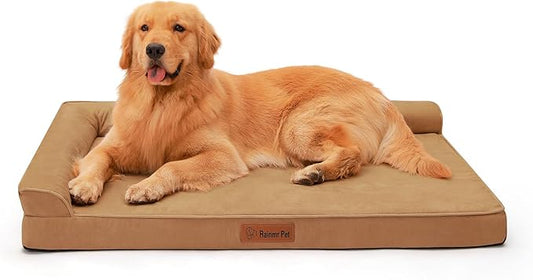 Orthopedic Dog Beds Large Sized Dog, Memory Foam Pet Bed for Medium and Large Dogs, Removable and Washable Microsuede Cover, TPU Waterproof Liner, Nonskid Bottom, 44x32x6 Inches, Khaki