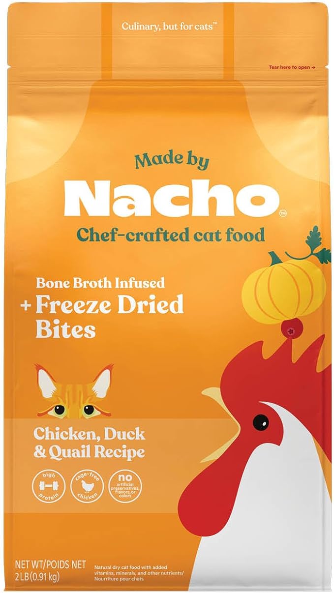 Made by Nacho Dry Cat Kibble 2lb Bag, High Protein Premium Cat Food with Freeze-Dried Pieces, Cage-Free Chicken, Duck & Quail, Limited Ingredients, Single Bag