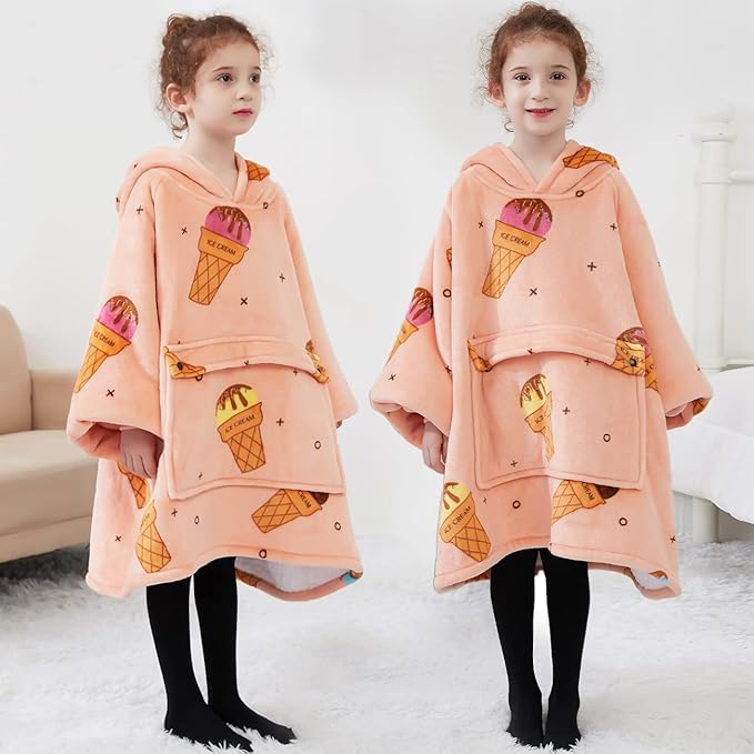 KFUBUO Wearable Blanket Hoodie for Kids Sherpa Patterns Oversized Sweatshirt Blanket With Pocket 6-10 Year Old Girl Birthday Gifts Ice Cream