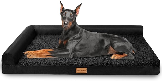 Patas Lague Orthopedic Jumbo Dog Bed for Extra Large Dogs 56''X40'', Waterproof L Bolster Pet Sofa Beds with Removable Washable Cover, Soft Comfortable Pet Couch Crate Mat with Nonskid Bottom, Black