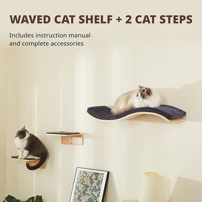 Cat Wall Shelf with Two Steps - Wave Cat Shelves and Perches for Wall - Wall Mounted Cats Furniture for Sleeping, Playing, Climbing, and Lounging
