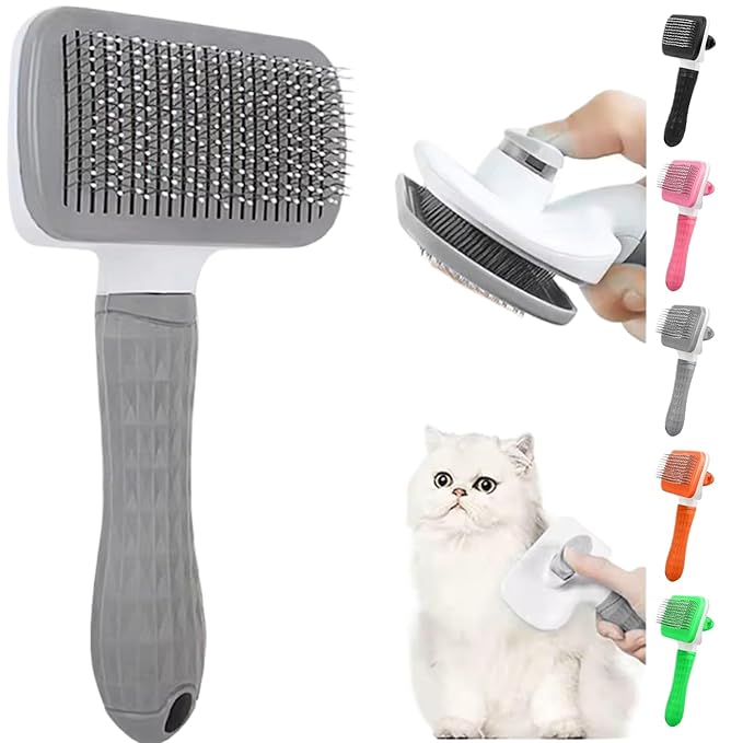 Generic Pet Grooming Brush, Gray - Self Cleaning Dematting Comb for Cats and Dogs, Bristles with Massage Particles, Ergonomic Handle Design, Easy to Use, for Long or Short Hair Breeds, Stainless Steel