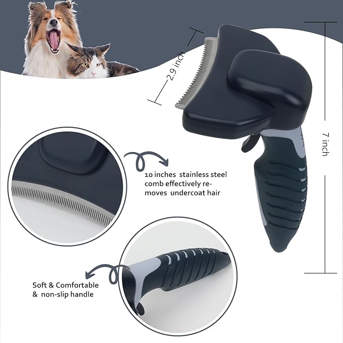 HOP Dog Deshedding Brush for Short Haired Dogs Cats Pets Professional Deshedding Tool Anti-Slip Handle & Detachable Head Highly Effective Deshedder Grooming Home of Paws(Dark Blue_M)