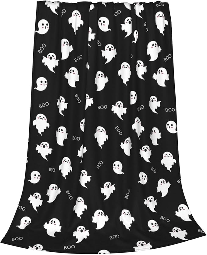 Happy Halloween Funny Ghost Blanket, Soft Anti-Pilling Throw Blanket, Lightweight All Seasons Spooky Flannel Blanket for Couch Sofa Bed 50x60 in Black & White
