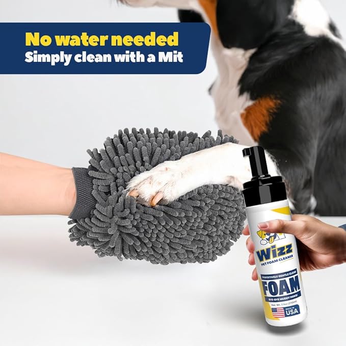Muddy Mat® Wizz Paw Foam & Pet Grooming Mitt – No-Rinse Cleaner for Dogs Large & Small – Paw Cleanser & Chenille Bath Mitt – Portable Grooming Solution – 7 fl oz
