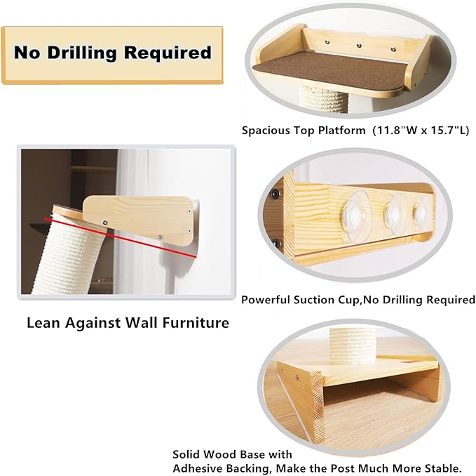 SHENGOCASE Modern 78.7“ Tall Leaning Cat Tree Tower Scratching Post Pillar with Bed Perch, Climbing Pole for Wall and Window, Wall Mounted Shelves