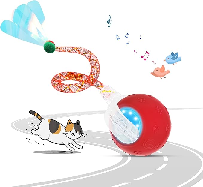 Interactive Cat Toys for Indoor Cats, Automatic Cat Ball Toy with Mesh Elastic Tail, Moving Kitten Toys for Bored Indoor Adult Cats, Chirping & Motion Activated