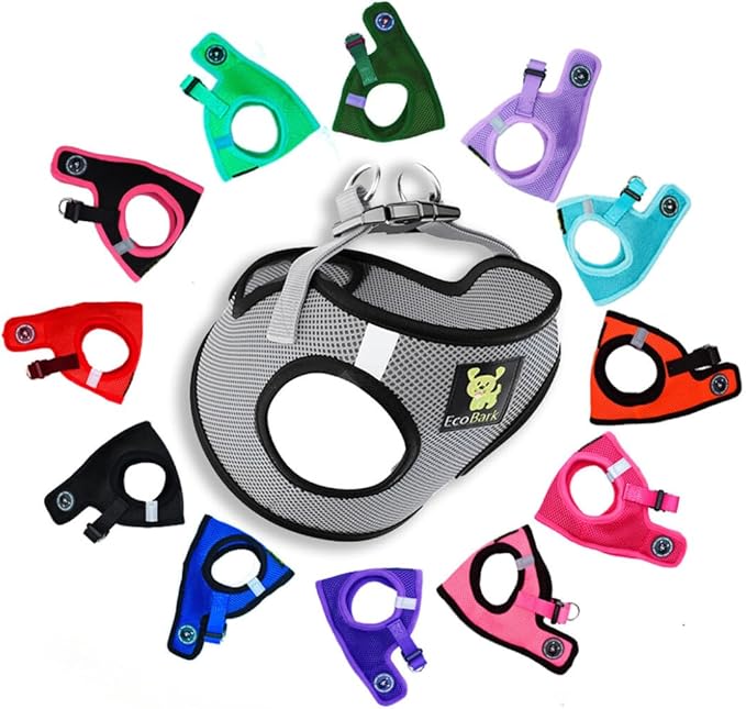 EcoBark Step in Dog Harness - Eco-Friendly Teacup Dog Harnesses for XXS, XS, and Small Dogs - Reflective and Adjustable Mini Body Halter Vest -Tiny Soft Mesh Toy Breed Harness (Gray, XXS)