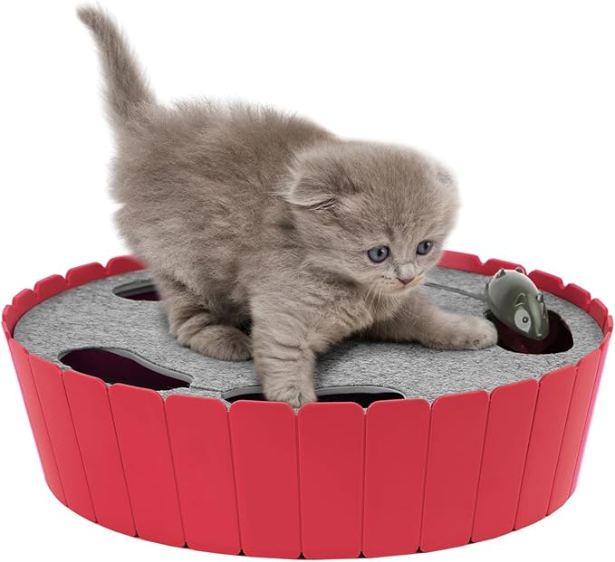 Pawaboo Interactive Cat Toy with Running Mouse, Electronic Motion Cat Toy Automatic Teaser for Indoor Cats, Pop and Play Hide Seek Cats Toys Hunting Mouse for Pet Cats Kitten Play Fun Exercise, Red