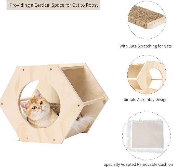 Cat Wall Shelves, Cat Shelves for Wall, Cat Wall Furniture, Cat Shelf with 3 Steps Scratcher Post, Cat Tree Hammock with Plush Wall Mounted, Climbing Shelf Wall Mount for Indoor Cats (Wood)