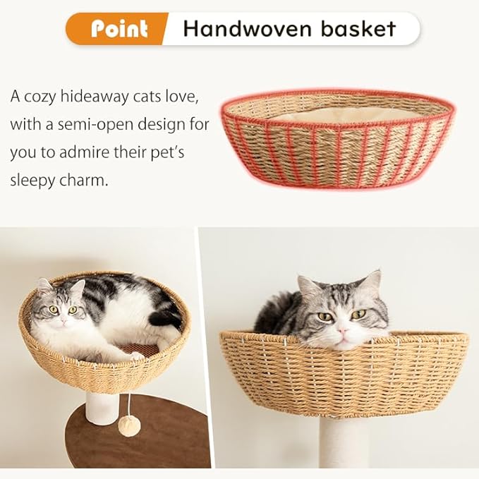 Wood Cat Tree for Large Cat, 57-Inch Tall Cat Tower with Scratching Post for Indoor Cats, Multi-Level Cat Condo with Hand-Woven Cat Bed and Hammock Acrylic Bowl Easy to Clean (DC888)