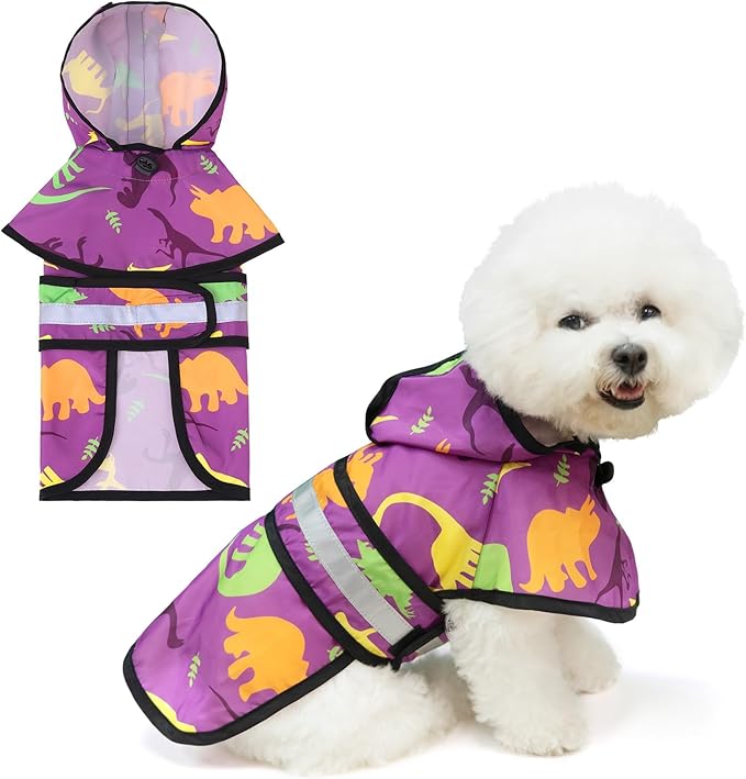 KOOLTAIL Dog Raincoat Hooded Slicker Poncho with Leash Hole, Raincoat for Small Medium Dogs, Waterproof Doggie Rain Jacket with Reflective Strip, Adjustable Breathable Puppy Rainwear-Dinosaur Cartoon