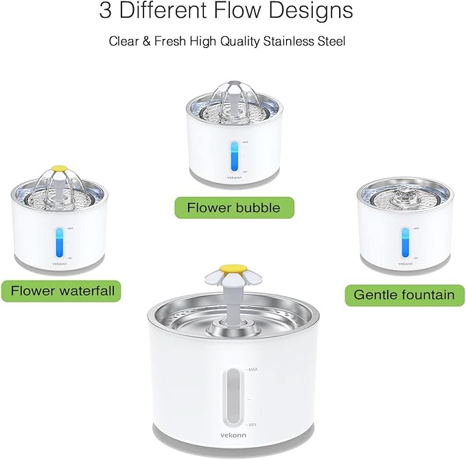 Cat Water Fountain Stainless Steel Top with 4 Filters & 4 Sponges, 2.4L Pet Water Fountain for Small Dog and Cat with LED Light and Water Level Window (Grey)