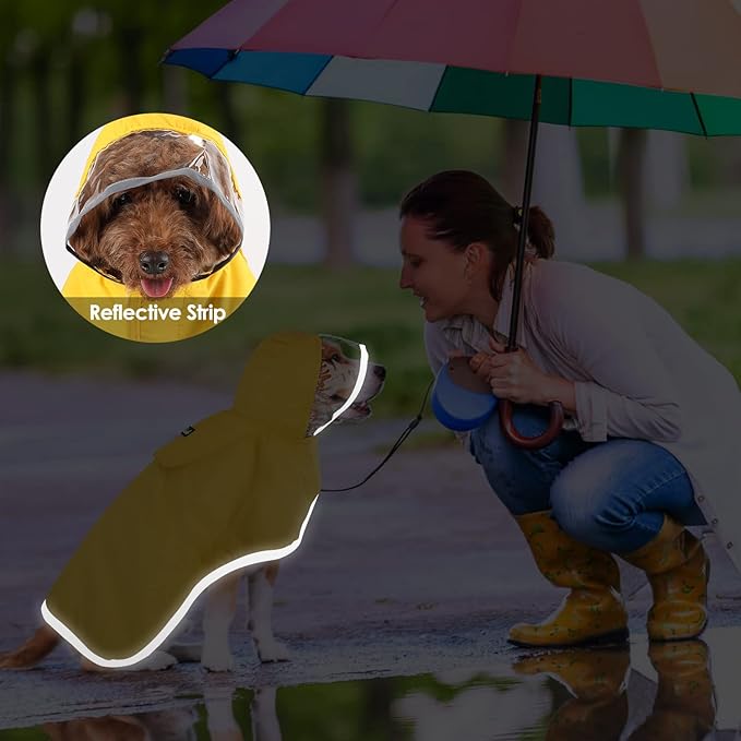 SlowTon Dog Raincoat, Adjustable Dog Rain Jacket Clear Hooded Double Layer, Waterproof Poncho with Reflective Strip Straps and Storage Pocket for Small Medium Large Dogs(M)