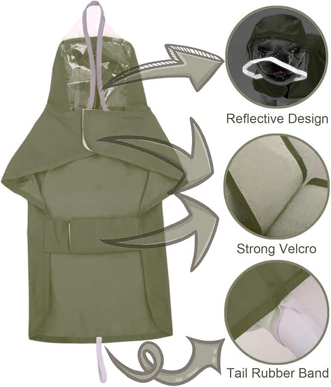 Pet Raincoat Packable Hooded Dog Rain Jacket Reflective Strips Lightweight Adjustable Poncho for Small Medium Large Dogs Army Green XL