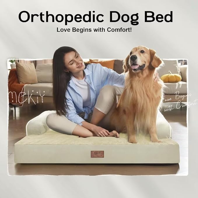 Large Dog Bed Orthopedic Washable: Extra XL XLarge Big Dog Bed with Washable Bolster & Memory Foam Couch Sofa - Waterproof with Removable Cover - Beige