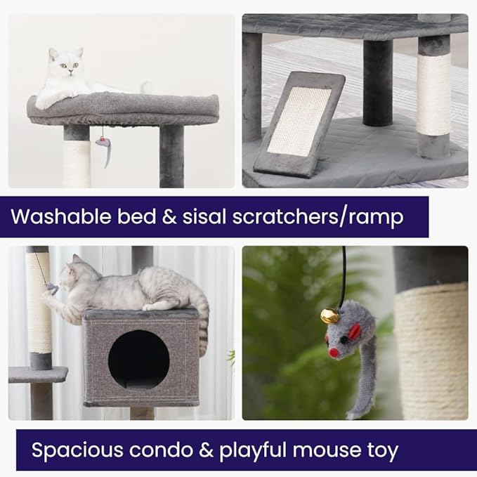 Catry Minimalistic Contemporary Cat Tree 49 Inch 5 Level with Two Natural Sisal Scratching Posts and Ramp, Large, Yara