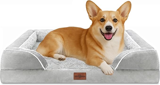 Comfort Expression Orthopedic Dog Bed for Medium Dogs 30x20 Inch, Waterproof Egg Crate Foam Medium Pet Bed with Removable Bolsters, Dog Couch with Washable Cover & Non-Slip Bottom, Gery White