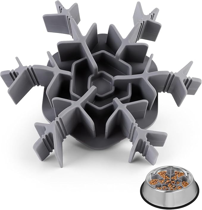 Dog Slow Feeder Insert, Adjustable Silicone Slow Feeding Dog Bowls Insert with 9 Suction Cups, Anti-Choking, Adjustable Length 4.7-7 Fits Ceramic/Stainless Steel Bowl for Different Dogs (Grey)