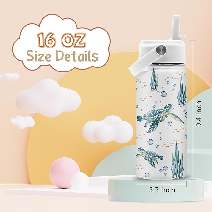 Turtle Gifts for Turtle Lovers, 16 oz Water Bottle with Straw Lid, Stainless Steel Insulated Sea Turtles Tumbler, Ocean Turtles Water Bottles for Turtle Lovers