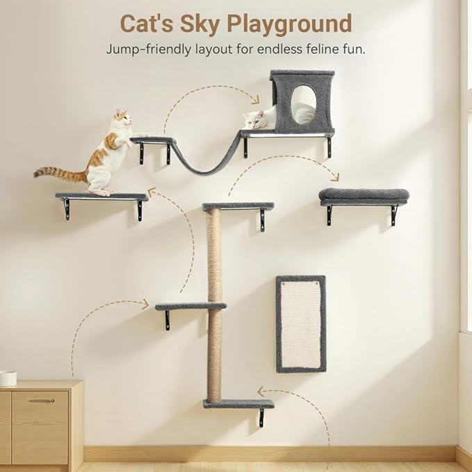 Cat Wall Shelves, 5-in-1 Cat Furniture Set, Wooden Cat Climber with Perches, Condo House, Bed, Scratching Post & Board for 16inch Drywall and Solid Wall