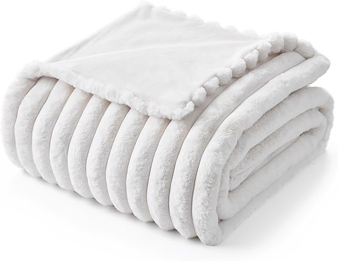 Amélie Home Faux Fur Throw Blanket for Couch, Cozy Fuzzy Fluffy Fur Luxurious Soft Striped Plush Gift Blankets for Family Sofa Chair, 60"x80", Ivory