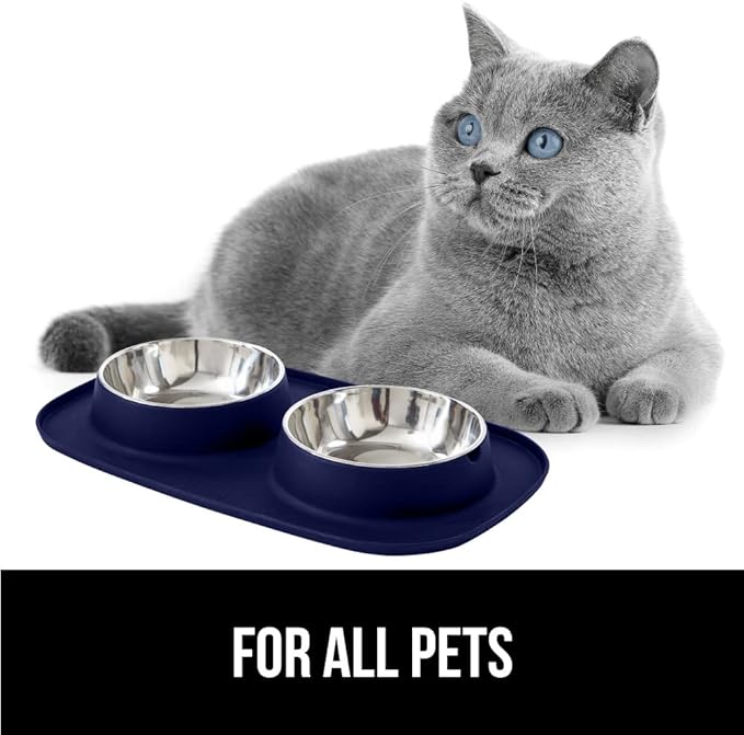 GORILLA GRIP Feeding Mat Set, Patent Pending 100% Waterproof BPA Free Silicone, Stainless Steel Cat and Dog Bowls, Slip Resistant, Edges Catch Water, Food, US Designed Pet Accessories, 1 Cup Navy Blue