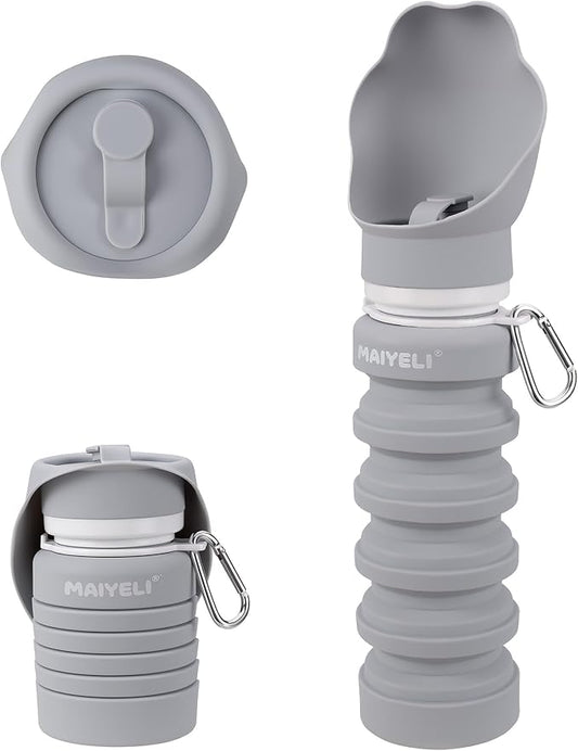 Dog Water Bottle Collapsible & Portable Squeeze, 9oz-17oz Water Dispenser & Folding Bowl,5 Levels Capacity in 1,Carabiner Clip,100% Food-Grade Silicone, Outdoor Walking,Hiking,Travel