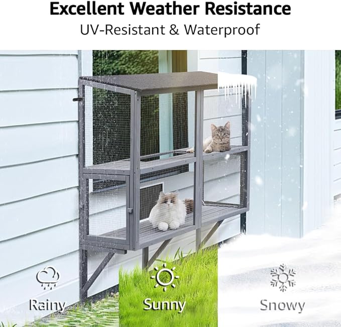 beeNbkks Cat Catio, 2-Tier Window Box Enclosure for Multiple Indoor Cats, Expandable Wooden Pet Perch House, Secure Comfortable Outdoor Haven, All Weather Use, Nature-Friendly Design