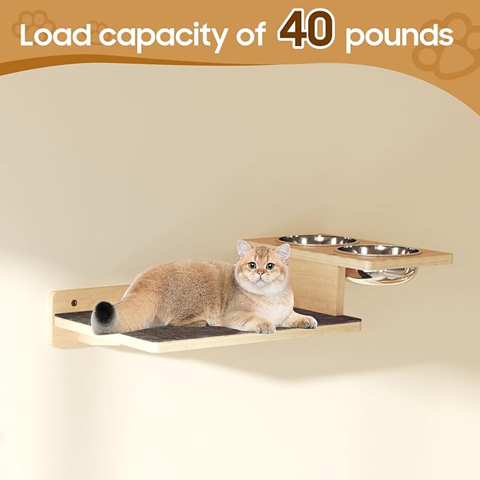 MeowHomm Cat Wall Shelves, Wood Cat Feeding Shelf with 4 Non-Slip Steps, 2 Food Bowls, Wall-Mounted Furniture for Kittens