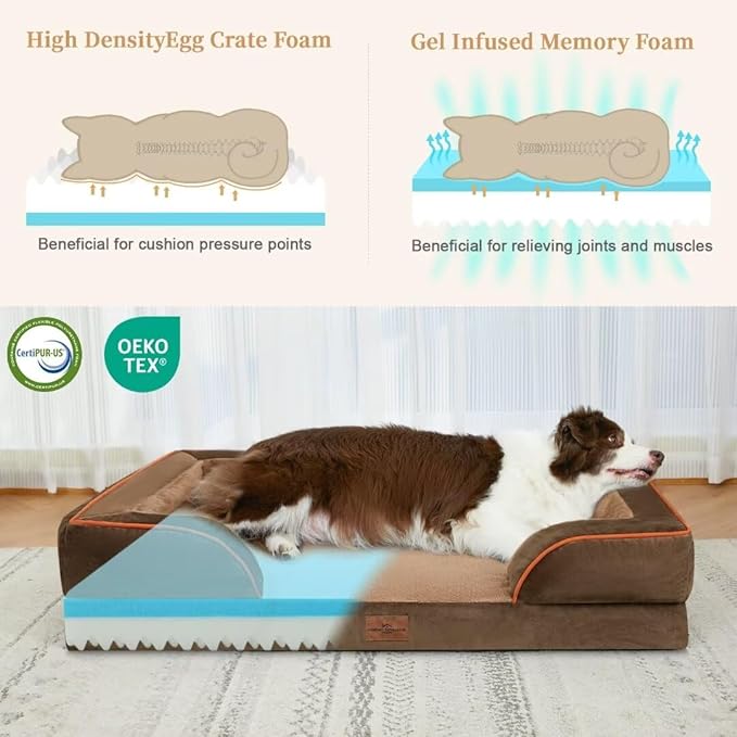 Comfort Expression Orthopedic Dog Bed for Extra Large Dogs 42x30 Inch, Waterproof Supportive Memory Foam XL Pet Bed with Removable Bolster, Dog Couch with Washable Cover & Non-Slip Bottom, Khaki Brown