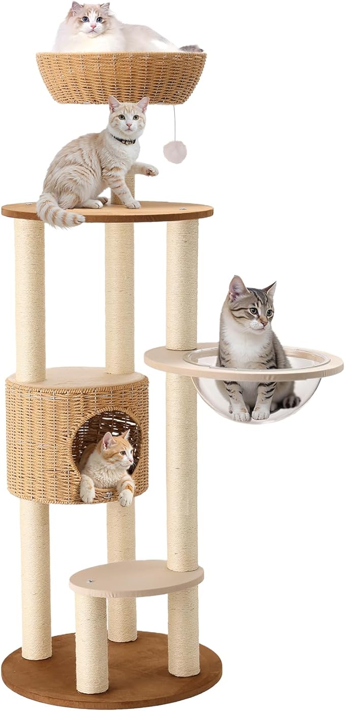 Rattan Cat Climbing Tower Condo with Scratching Post,Capsule,Basket,and Bed Modern Heavy Duty Cat Tree for Indoor Cat Large