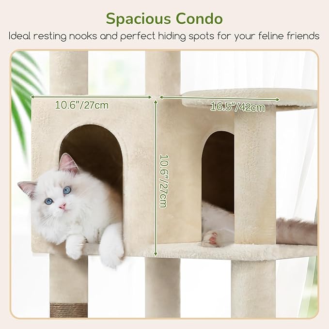 Globlazer Extra Large Platform Cat Tree, 65in Tall Sturdy Cat Tree for Indoor Cats Large Adult, Big Cat Tower for Big Cats with 3 Enlarged Perches, 6 Scratching Posts, Cat Condo, Hammock, S65, Beige