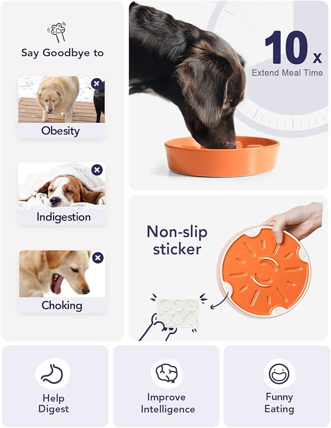 LE TAUCI Dog Bowls Slow Feeder Ceramic, 1.5 Cups Slow Feeding Dog Bowl Small Medium Breed, Puppy Bowl for Fast Eaters, Sun Orange