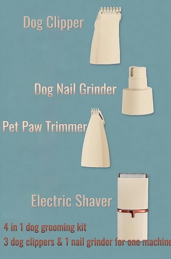 4 in 1 Pet Dog Cat Grooming Kit Dog Cat Nail Ear Paw Clipper Trimmer Pet Hair Grooming Clipper-Low Noise Rechargeable - Cordless Quiet Nail Grinder Trimming Hair Around Eyes and Ears (Beige)