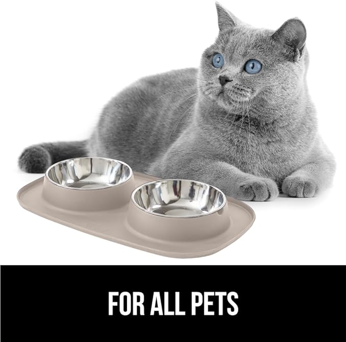 GORILLA GRIP Feeding Mat Set, 4 Cup, Patent Pending 100% Waterproof BPA Free Silicone, Stainless Steel Cat and Dog Bowls, Slip Resistant, High Edges Catch Water Food, US Designed Pet Accessories Beige